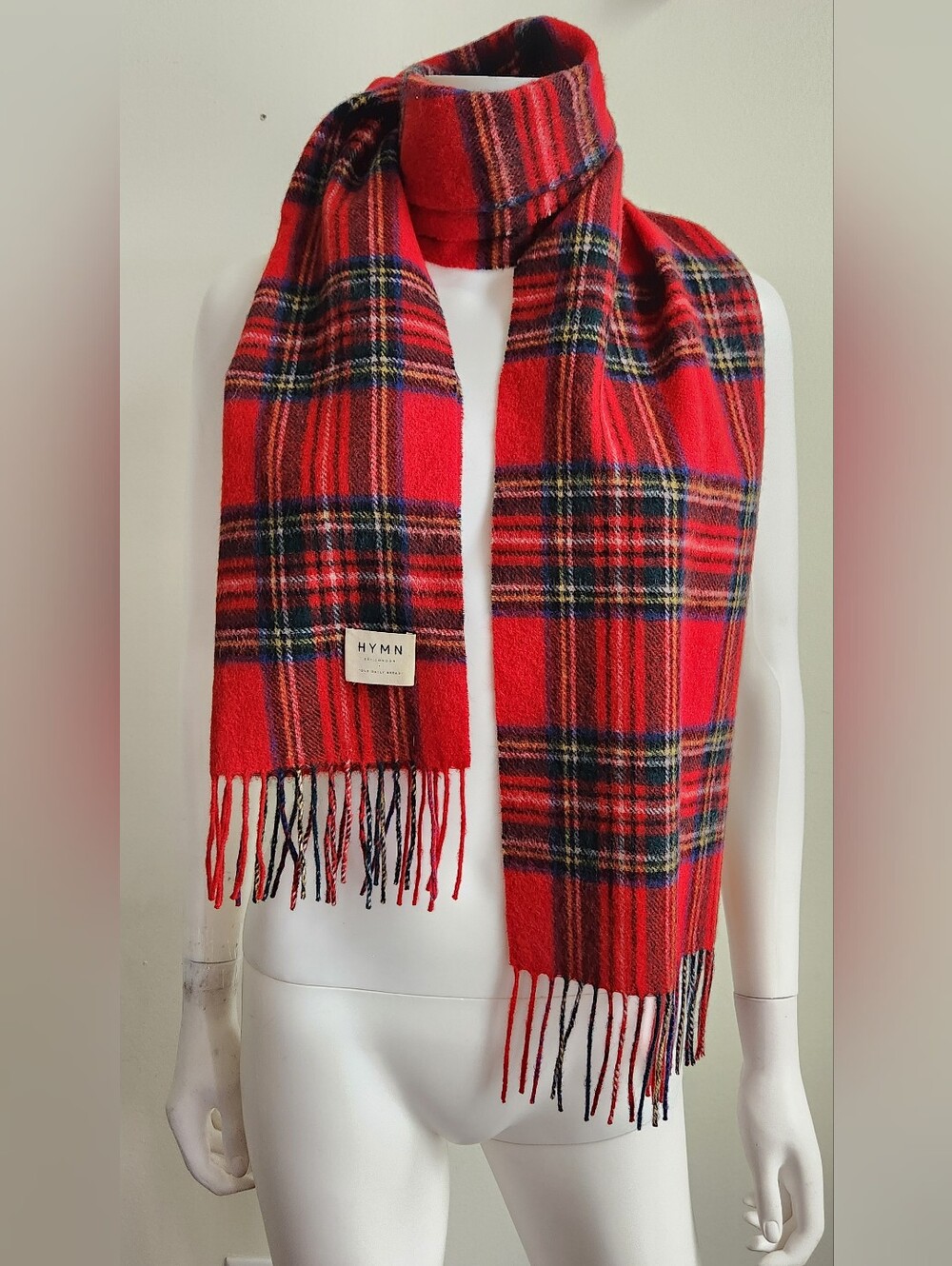 HYMN London Red Tartan Wool Fringe Scarf Preppy Plaid Heritage